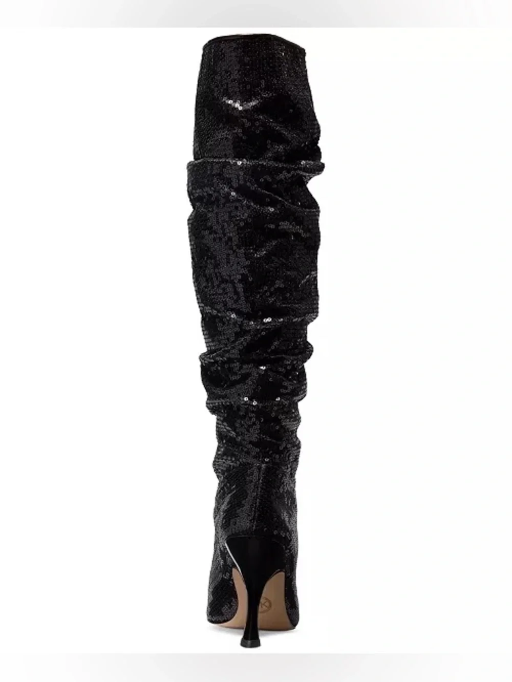 Black Sequin Knee-High Pointed Toe Heeled Boots - Women